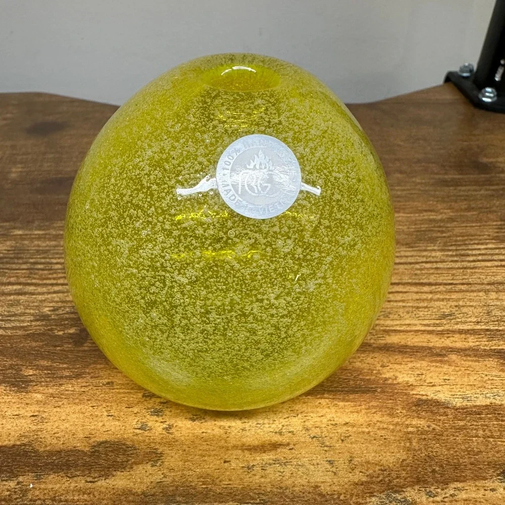 RBG Handmade Art Glass Bud Vase Yellow Green Seeded Bubble Sphere Vietnam